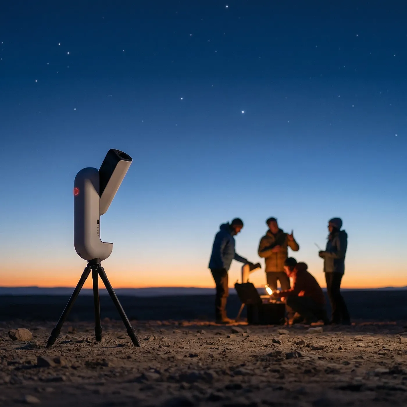 Le Vespera Pro 2 se découpe en silhouette au premier plan, au crépuscule. Quatre personnes se tiennent autour d'un feu au fond, sous un ciel bleu profond déjà étoilé.