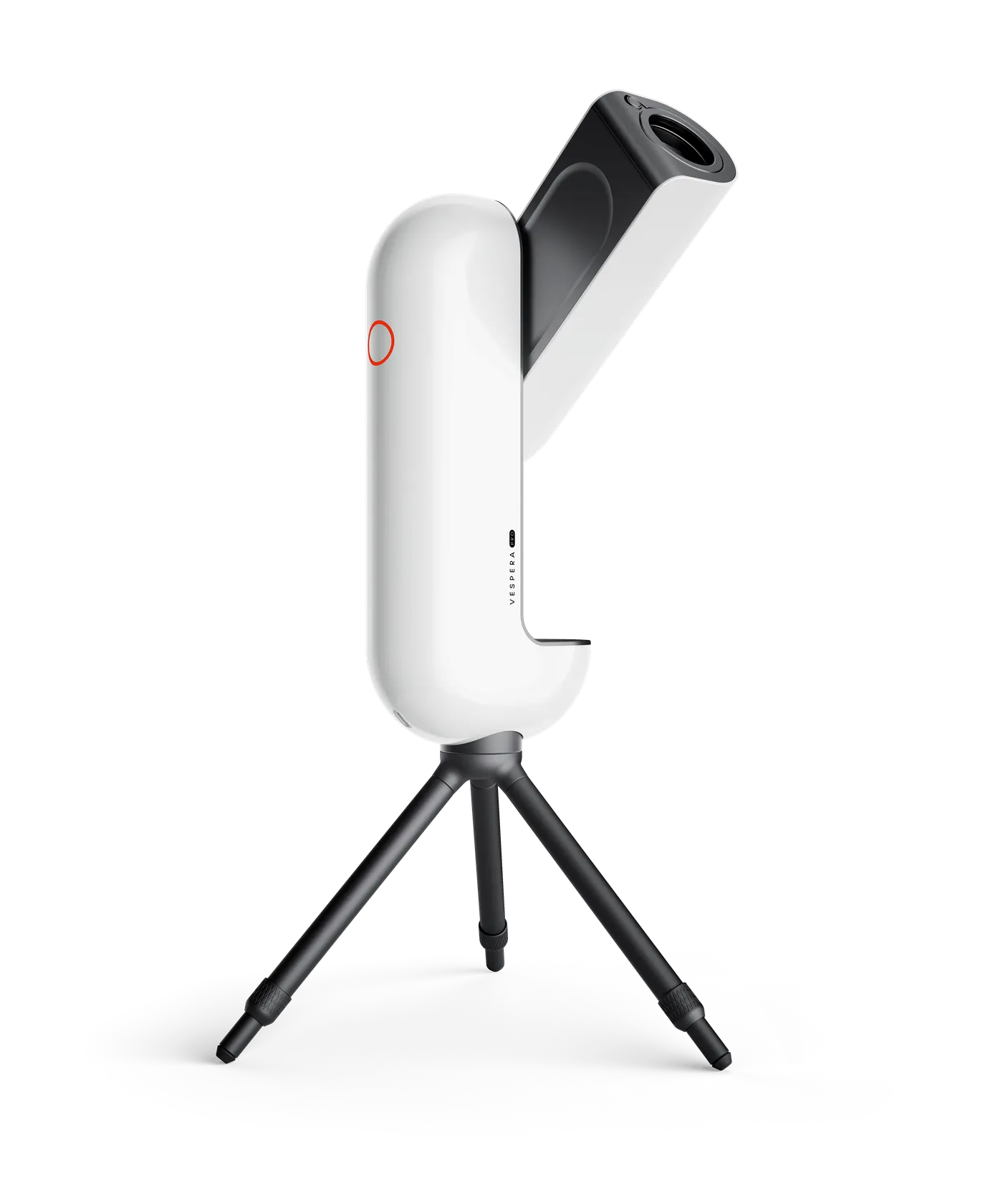 Le Vespera Pro en position d'observation. Le tube optique noir est sorti du corps blanc et incliné vers le ciel.